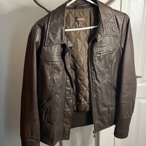 Brown leather bomber jacket with removable fur trim